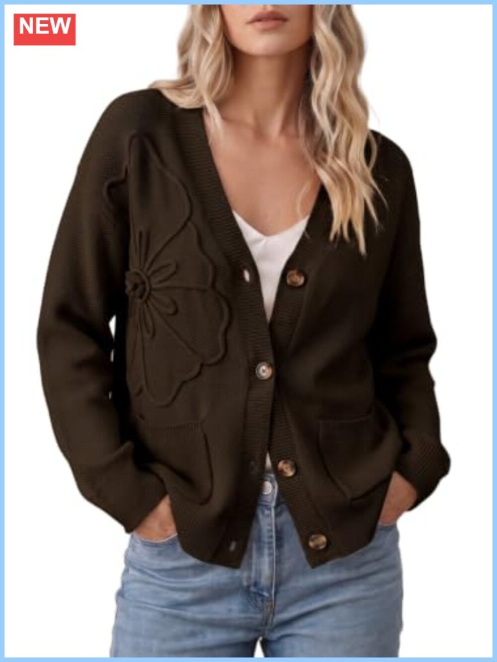 3D Floral Long Sleeve V Neck Open Front Cardigan Sweater
